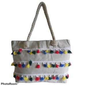 NWOT large Canvas Tote Beach bag colorful tassels